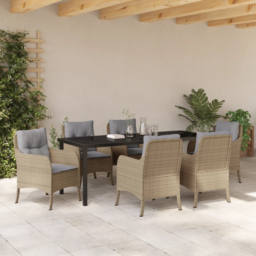 Conjunto de Jantar para Jardim de 7 Peças com Almofadas em Bege de Rat