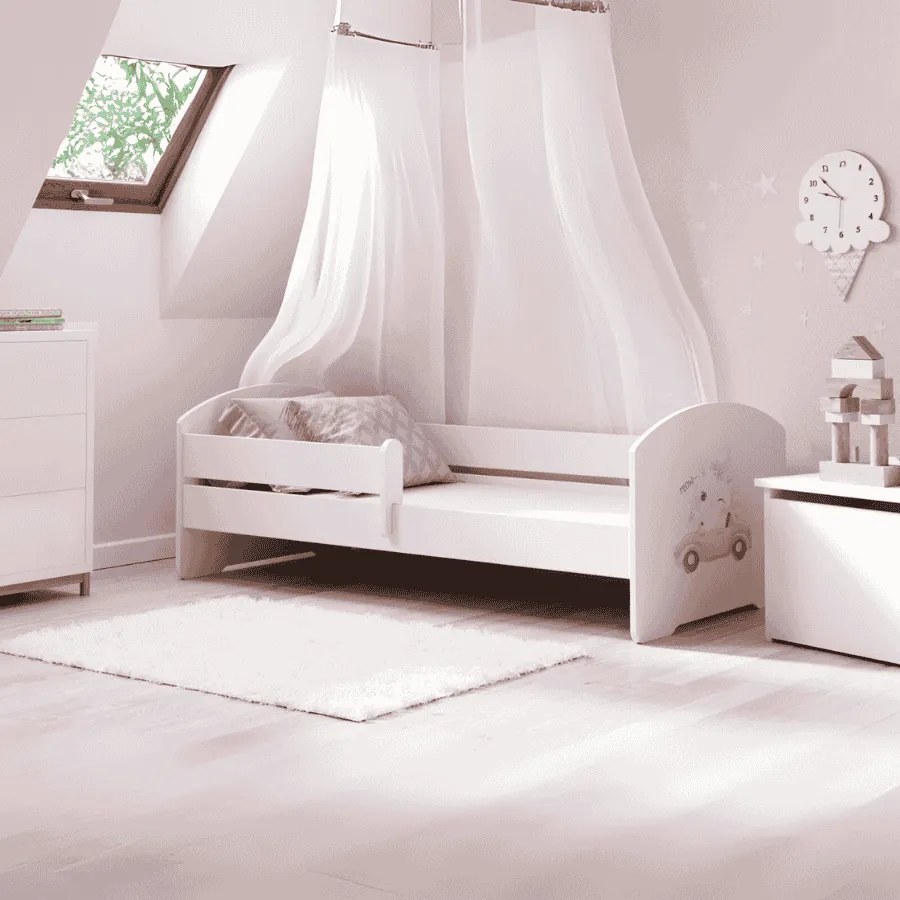 Cama infantil LUK gato rosa 140x70 branca com grade - colchão e estrado incluído