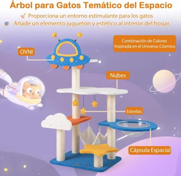 Arranhador para gatos 124 CM com vários níveis Poste de raspagem Tema Espaço Azul