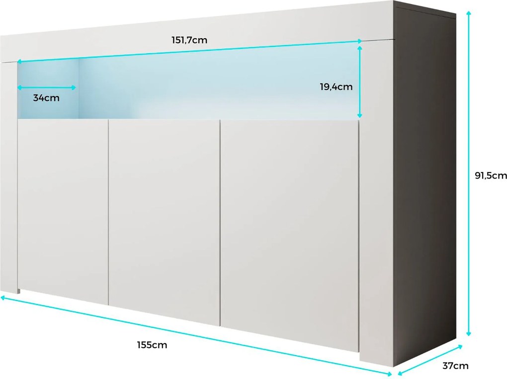 Aparador com Luz LED BELO - 155x91,5x37 cm - Branco/Preto Mate - Desig