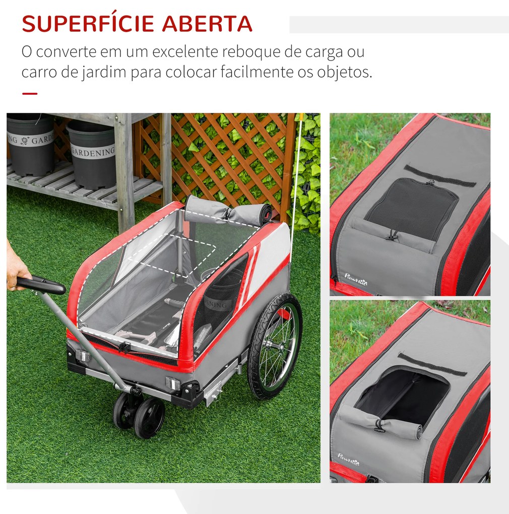 Reboque de Bicicleta para Cães 2 em 1 Carrinho para Animais de Estimação com Cinto de Segurança 130x64x97cm Vermelho e Cinza