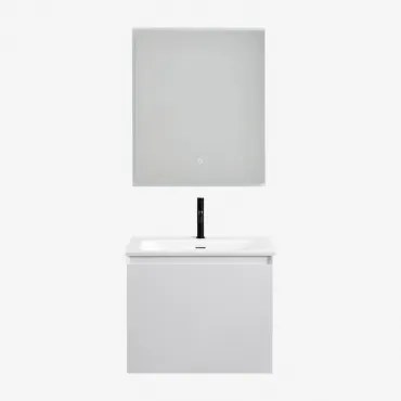 Conjunto De Móvel De Casa De Banho Suspenso Em Madeira Com Lavatório Integrado Macrae Branco & Led Retangular E Anti-embaciamento 60x70 Cm - Sklum