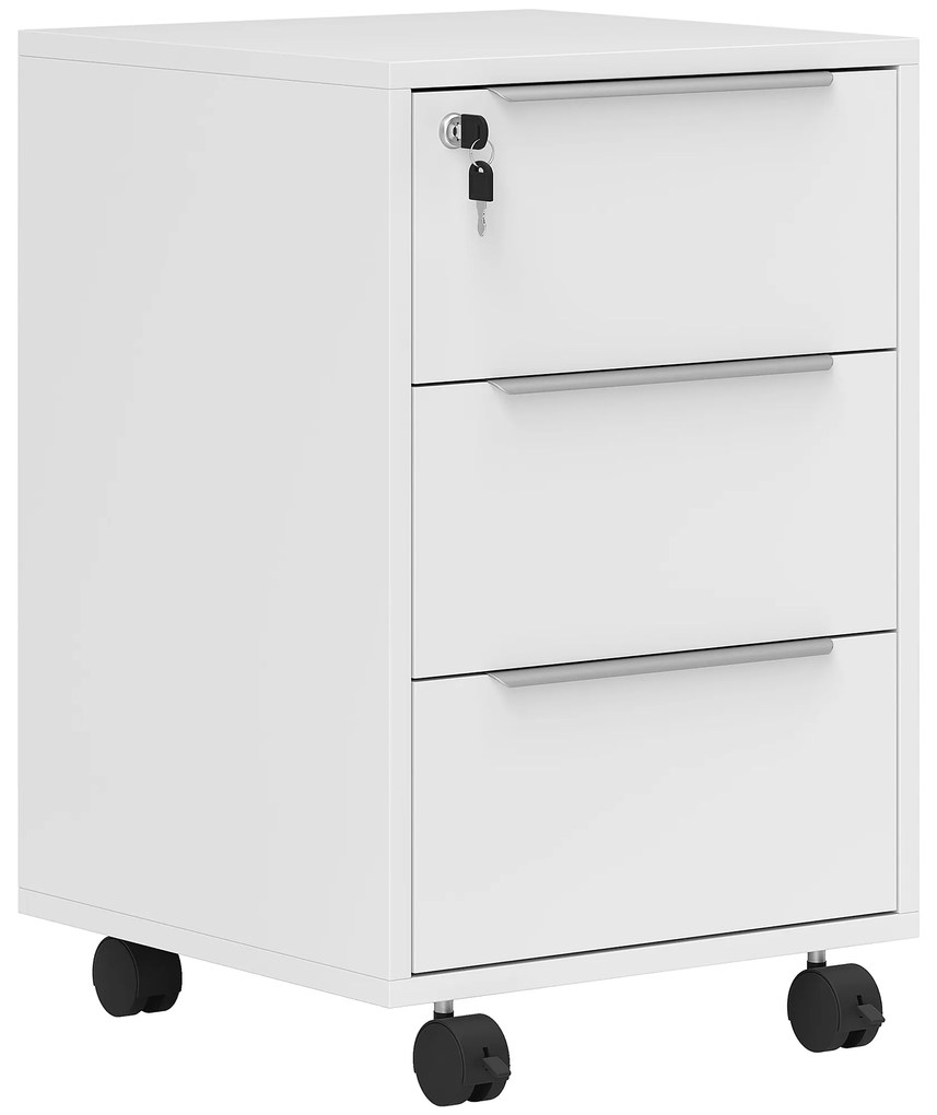 Bloco de Gavetas Móvel de Escritório com 3 Gavetas Fechadura Rodas e Travão para Documentos 40x40x63,5 cm Branco