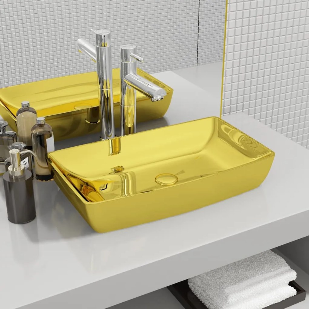 143480 vidaXL Lavatório 71x38x13,5 cm cerâmica dourado