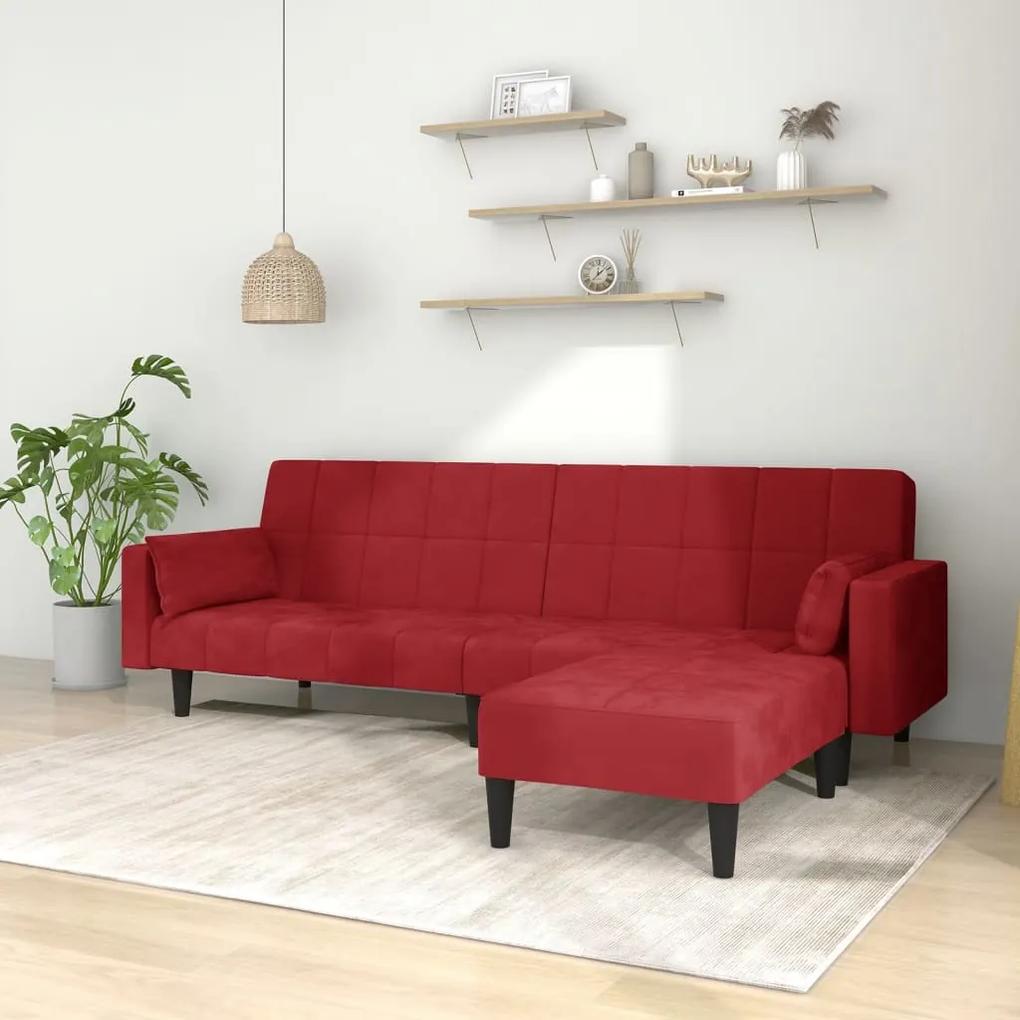 Sofá-cama 2 lug. c/ 2 almofadas/apoio pés veludo vermelho tinto