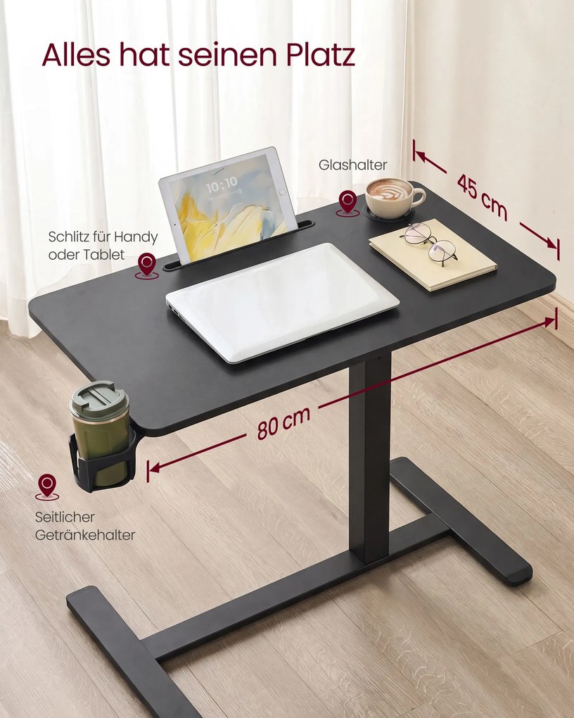 Mesa auxiliar para computador móvel com rodas, 80 x 45 cm 80 x 45 x (65-102) cm Preto