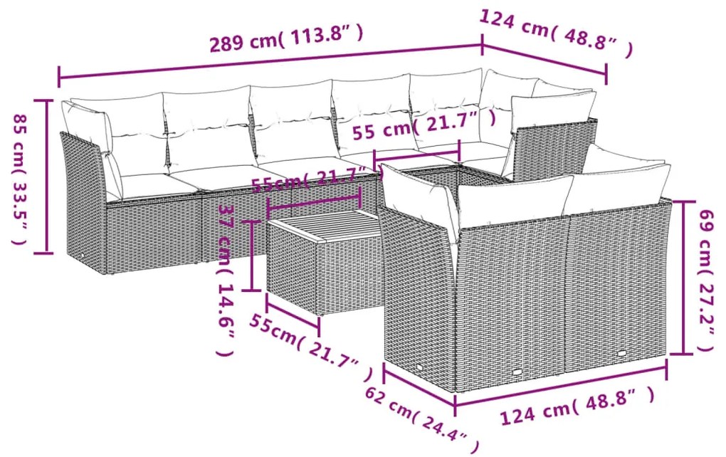 9 pcs conjunto de sofás p/ jardim com almofadões vime PE bege