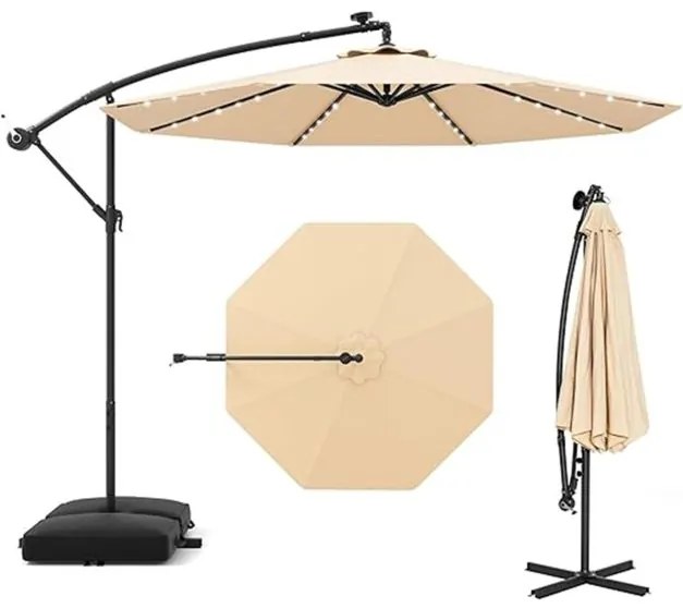 Guarda-sol de jardim Ø 3 m com 40 luzes LED solares, inclinável com manivela, com base saco de areia, proteção UV impermeável, bege