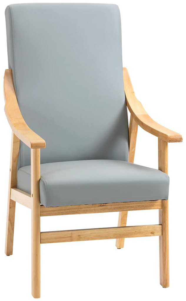 HOMCOM Poltrona de Estilo Nórdico com Encosto Alto Cadeira Sala de Jantar Estofada em PU com Apoio para os Braços e Estrutura de Madeira de Borracha para Escritório Sala de Estar Carga 150kg 62x75x115cm Cinza e Madeira