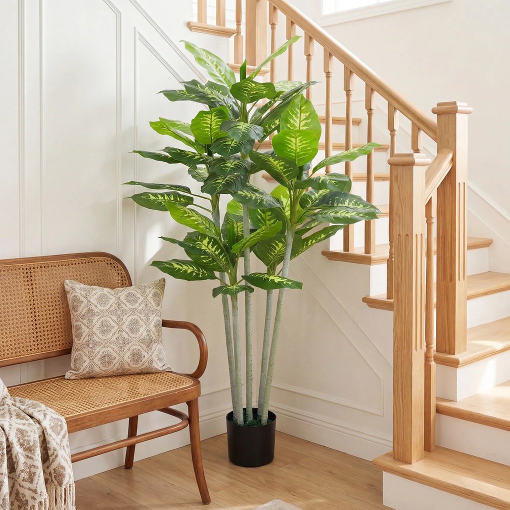 Planta artificial Calathea, altura 150 cm, vaso de cimento, 53 folhas - interior