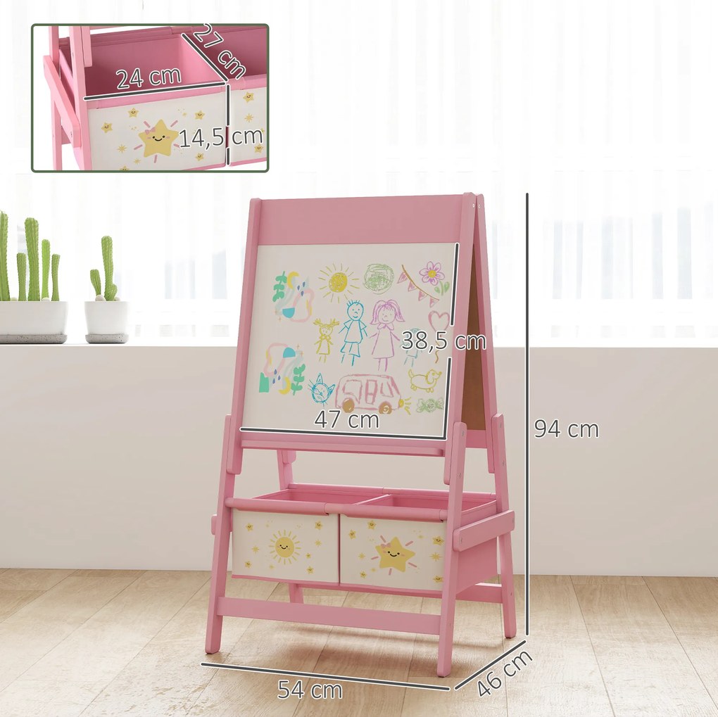 Quadro infantil 3 em 1: cavalete infantil de dupla face, quadro preto e branco, com rolo de papel, 54 x 46 x 94 cm, cor-de-rosa