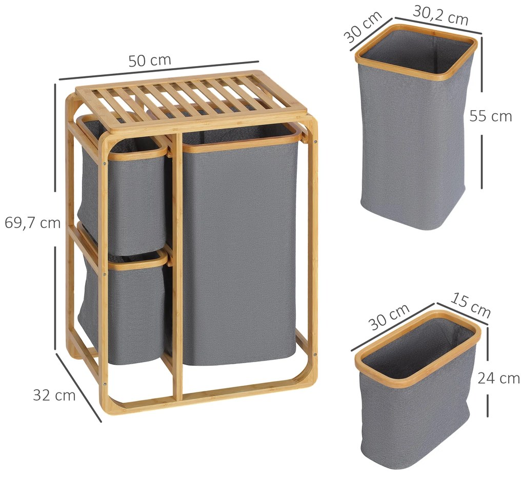 Cesto para Roupa Suja de Bambu Cesto de Roupa com 3 Bolsas de Tecido A