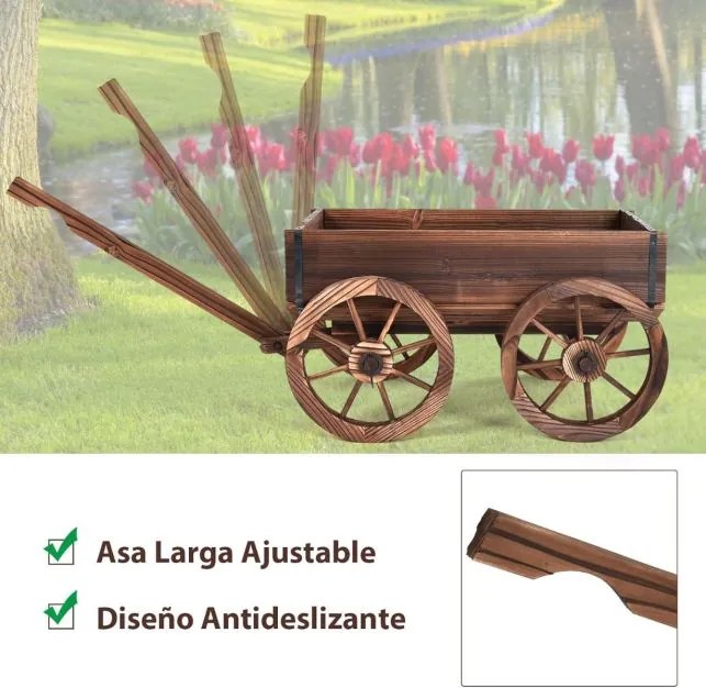 Carrinho floreira de madeira 75 x 43 x 53,5 cm para exteriores decorativo para jardim para plantas com 4 rodas e alça Castanho