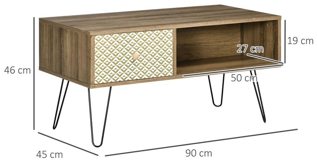 Mesa de Centro Estilo Boho Mesa de Sala de Estar com Gaveta Compartimento de Armazenamento e Pés de Metal Elevados para Escritório Estúdio 60x45x46cm