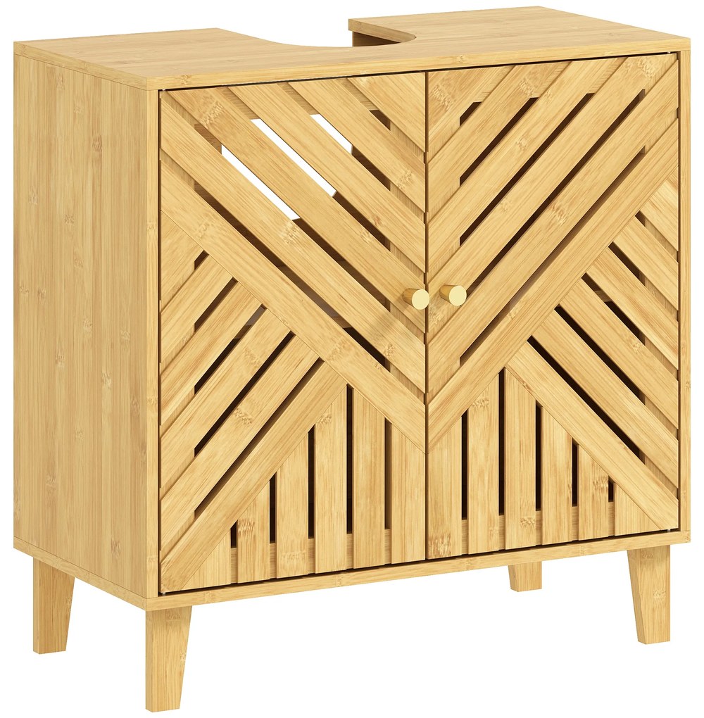 Móvel para Lavatório (NÃO INCLUIDO) Pousar em Bambu com Portas Ripadas Armário de Casa de Banho para Lavatório sem Pedestal 60x30x60 cm Madeira