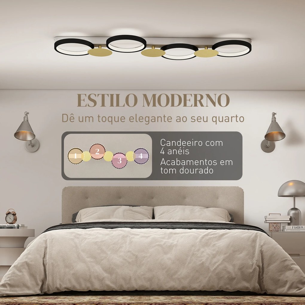 Candeeiro de Teto Regulável com 4 Focos Controlo Remoto Modos de Cena 1500 lm 38 W 3000 K-6500 K 100x31x7 cm Preto e Dourado