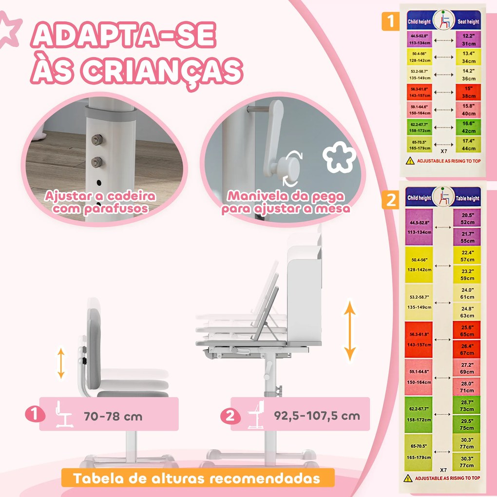 Conjunto de Secretária e Cadeira para Crianças Secretária Infantil Altura Ajustável 80x55x107,5 cm Cinza