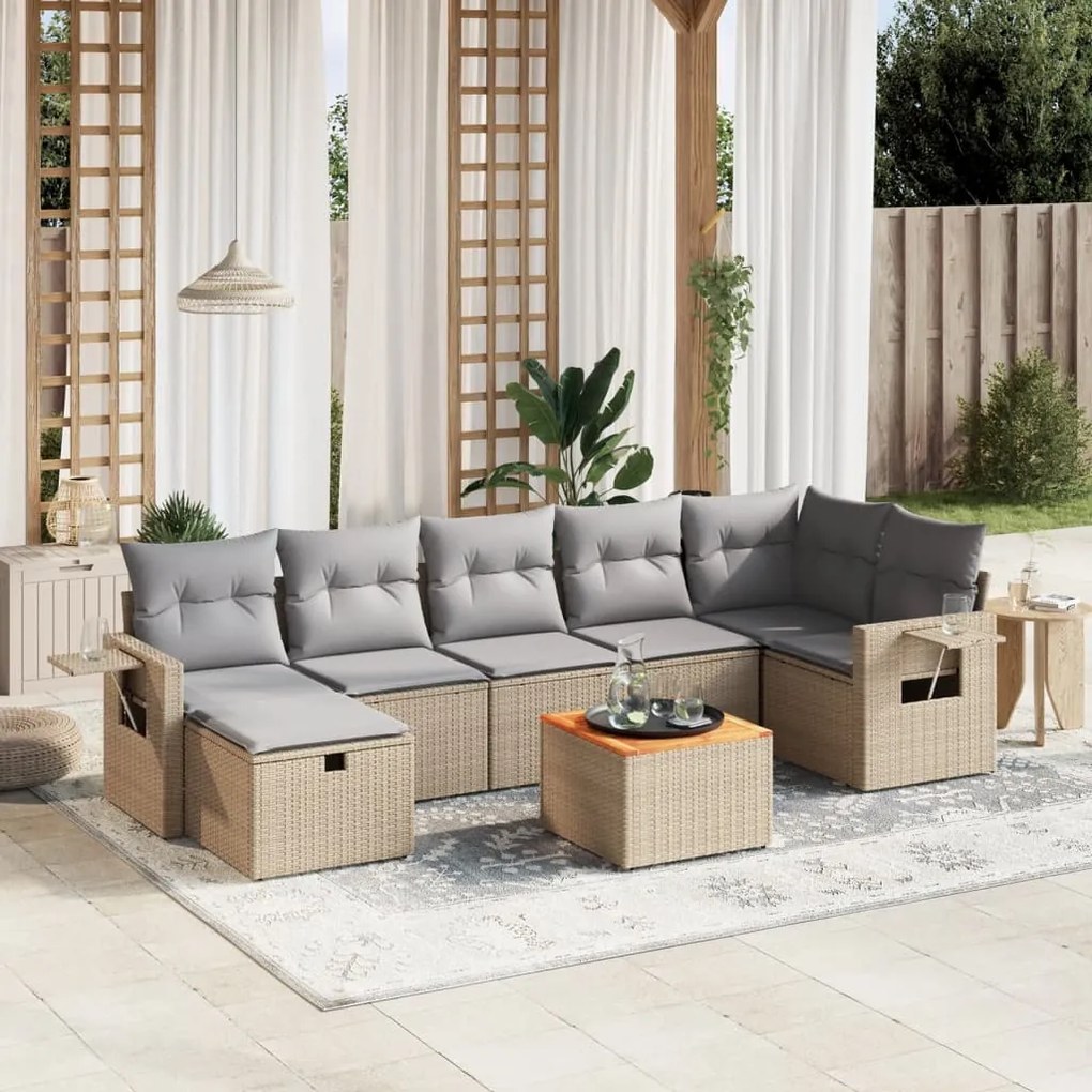 8 pcs conj. sofás jardim c/ almofadões vime PE bege misturado