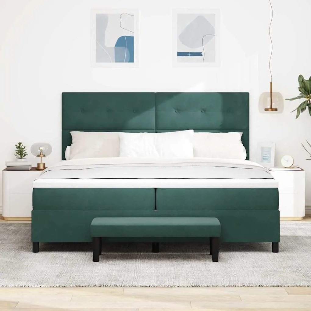 Cama Box Spring com Colchão e Banco Verde Escuro 200x200 cm Veludo