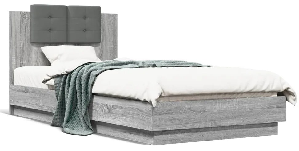 Estrutura de cama c/ cabeceira/luzes LED 100x200cm cinza sonoma
