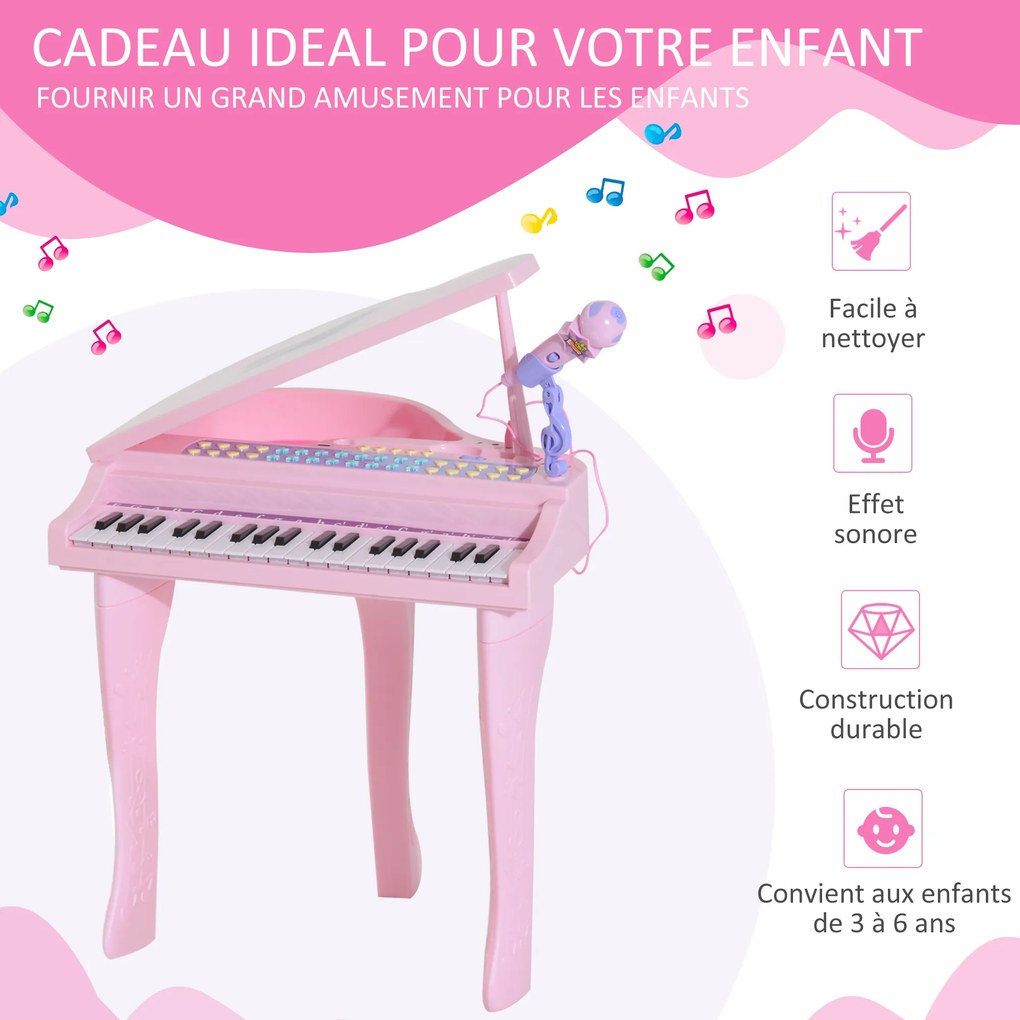 Piano de Cauda Electrónico para Crianças, 48 x 39 x 69 cm, 37 Teclas Multifunções, Cor-de-Rosa