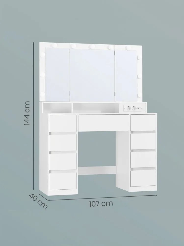 Toucador com iluminação LED 40 x 107 x 144 cm com espelho rebatível e gavetas branco