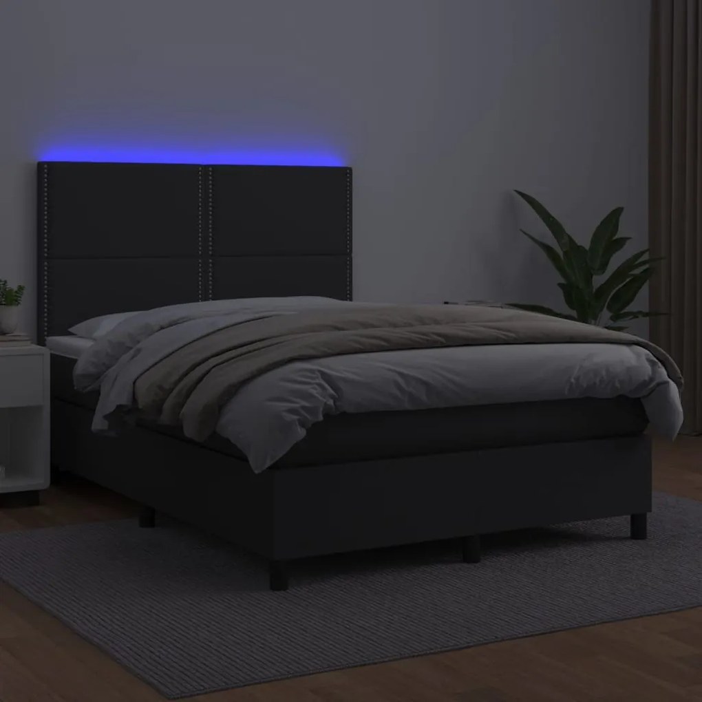 Cama box spring c/ colchão/LED 140x190cm couro artificial preto