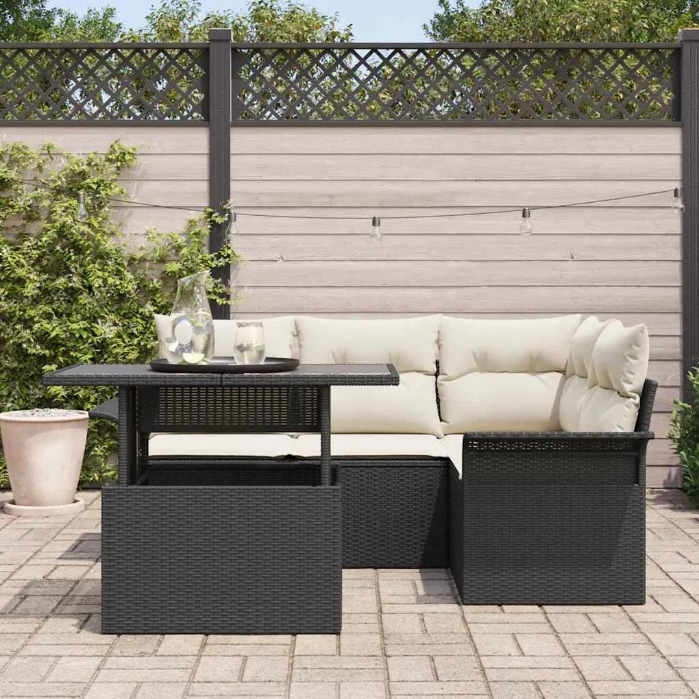 Conjunto de Sofá de 5 Peças com Almofadas Rattan Poliéster Preto