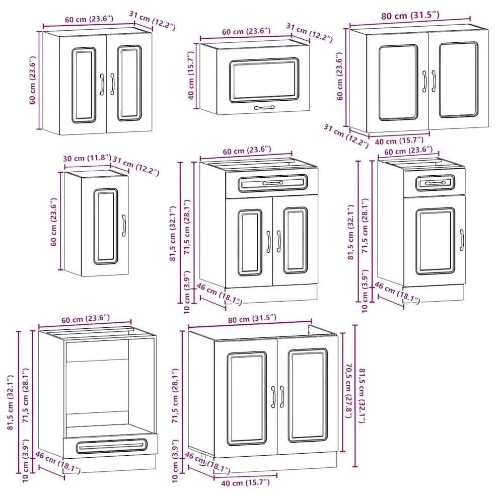 8 peças armário de cozinha conjunto Kalmar carvalho castanho