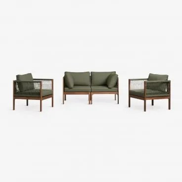 Conjunto De Sala Com Sofá Modular De 2 Peças Com Apoios De Braços E 2 Poltronas Em Madeira De Acácia Branson Verde Oliva - Sklum