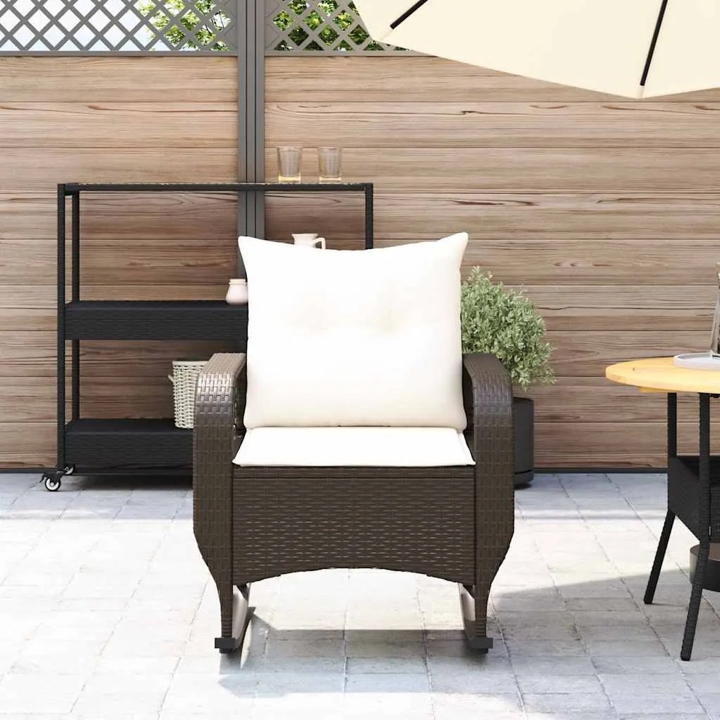 Cadeira de baloiço para jardim com almofadões vime PE castanho