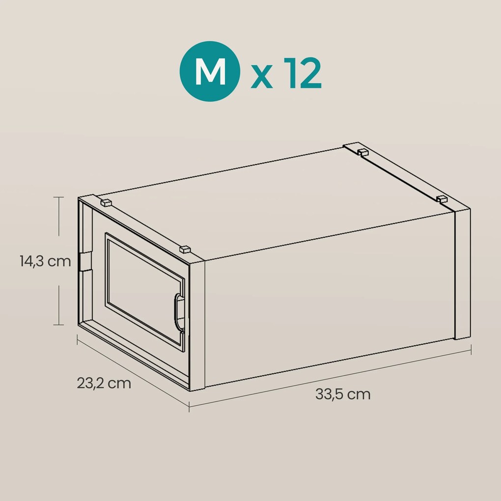 Conjunto de 12 caixas para sapatos em plástico 33,5 x 23,2 x 14,3 cm branco + transparente