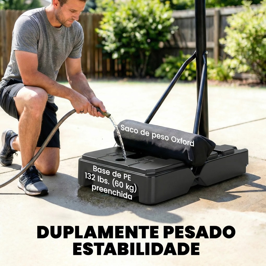 Tabela de Basquetebol para Exterior com Rodas, Altura Ajustável (2,35-3,05 m), Base Preenchível e Bolsa de Peso, Cor Preto
