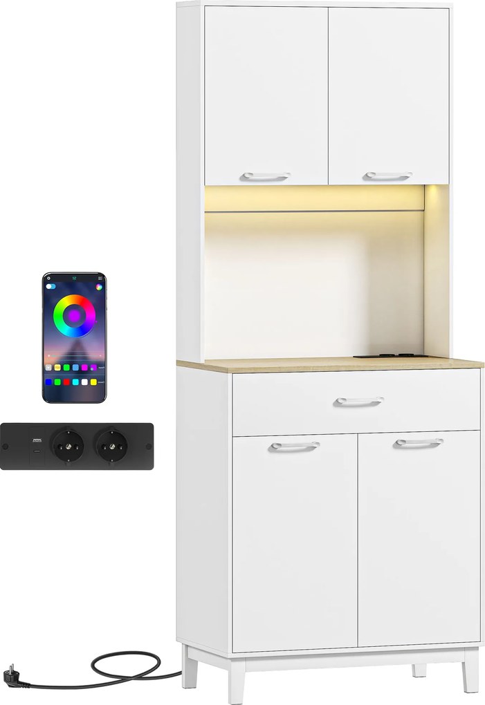 HOMCOM Armário de Cozinha com Luzes LED e Estação de Carregamento Móvel Auxiliar de Cozinha com 4 Portas Gaveta 71x40x180 cm Branco | Aosom Portugal