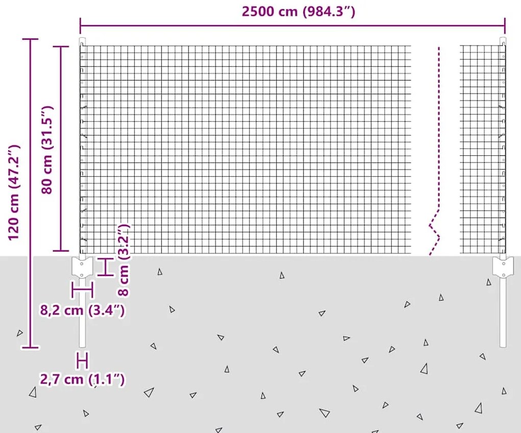 Cerca de Fio Soldado com 11 Postes em U Prateados 0.8x25 m de Aço