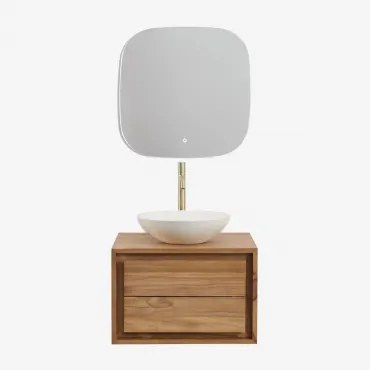 Conjunto De Móveis De Banheiro Em Madeira De Teca Jabari Madeira De Teca & Cimento Redondo Branco Ø40 Cm Zavion & Quadrado Led - Sklum