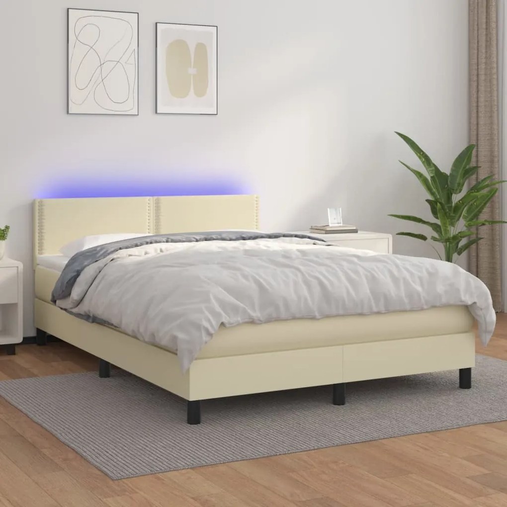 vidaXL Cama box spring c/ colchão/LED 140x200cm couro artificial creme