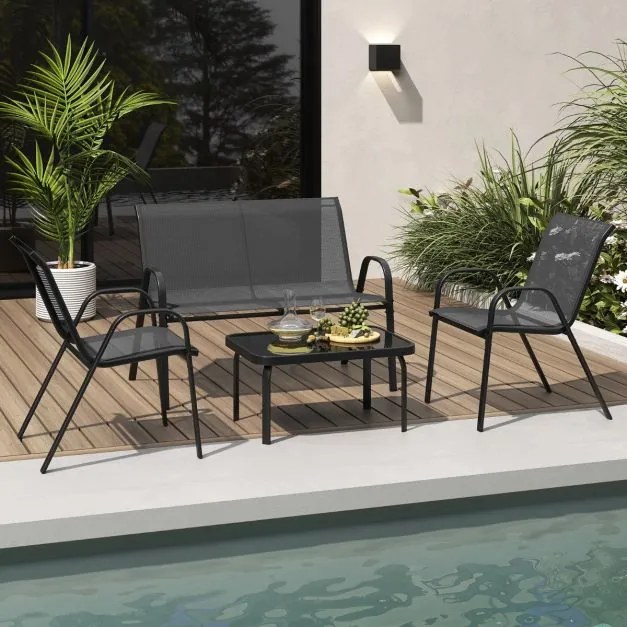 Conjunto de jardim exterior de 4 peças Mesa de café em vidro temperado Banco e 2 cadeiras individuais Tecido Textilene Mesa e cadeiras Cinzento