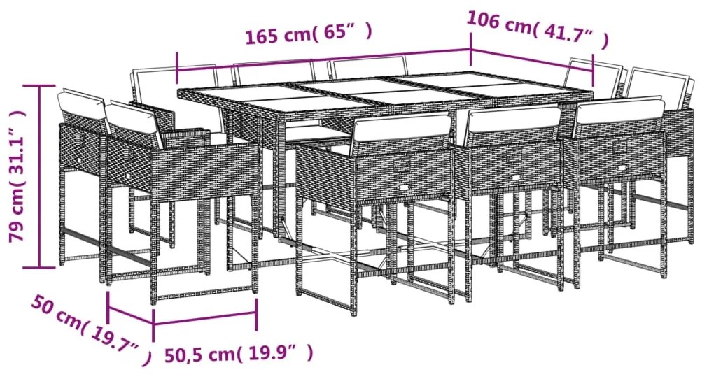 11 pcs conjunto jantar p/ jardim c/ almofadões vime PE cinzento