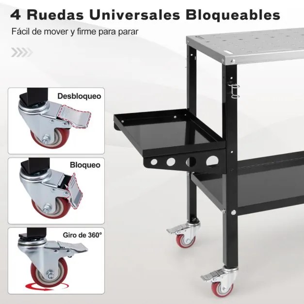 Mesa de soldadura 92 x 46 cm 540 kg Bancada de trabalho com rodas e Estante de ferramentas Furo para dispositivo 8 ranhuras