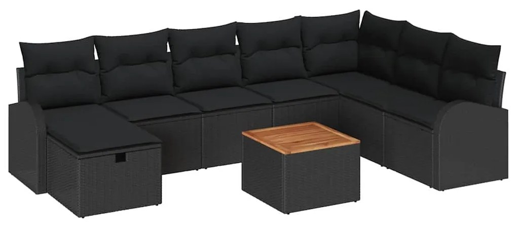 Conjunto de Sofá de Jardim de 9 Peças com Almofadas Preto Rattan Polié