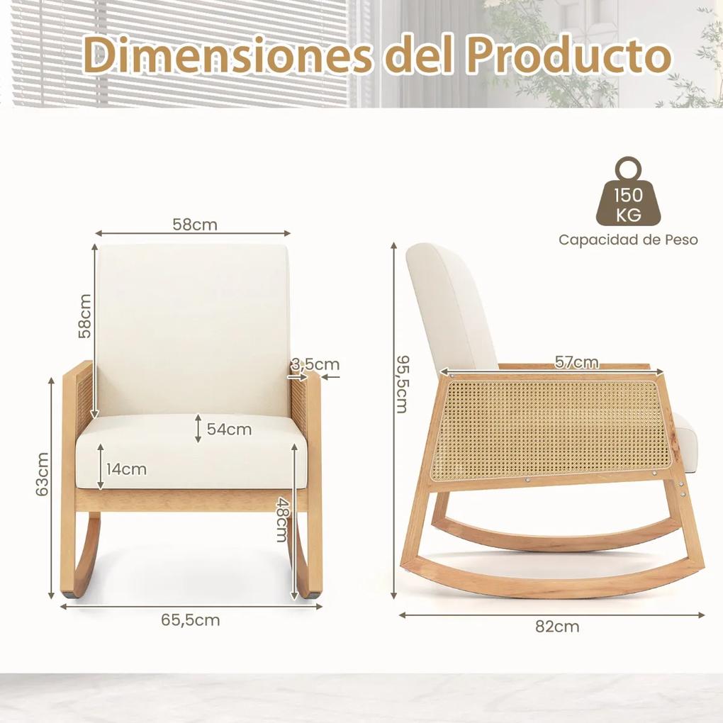 Cadeira de baloiço com almofada estofada e apoios de braços em rattan Cadeira moderna para sala de estar Quarto 82 x 65,5 x 95,5 cm Bege