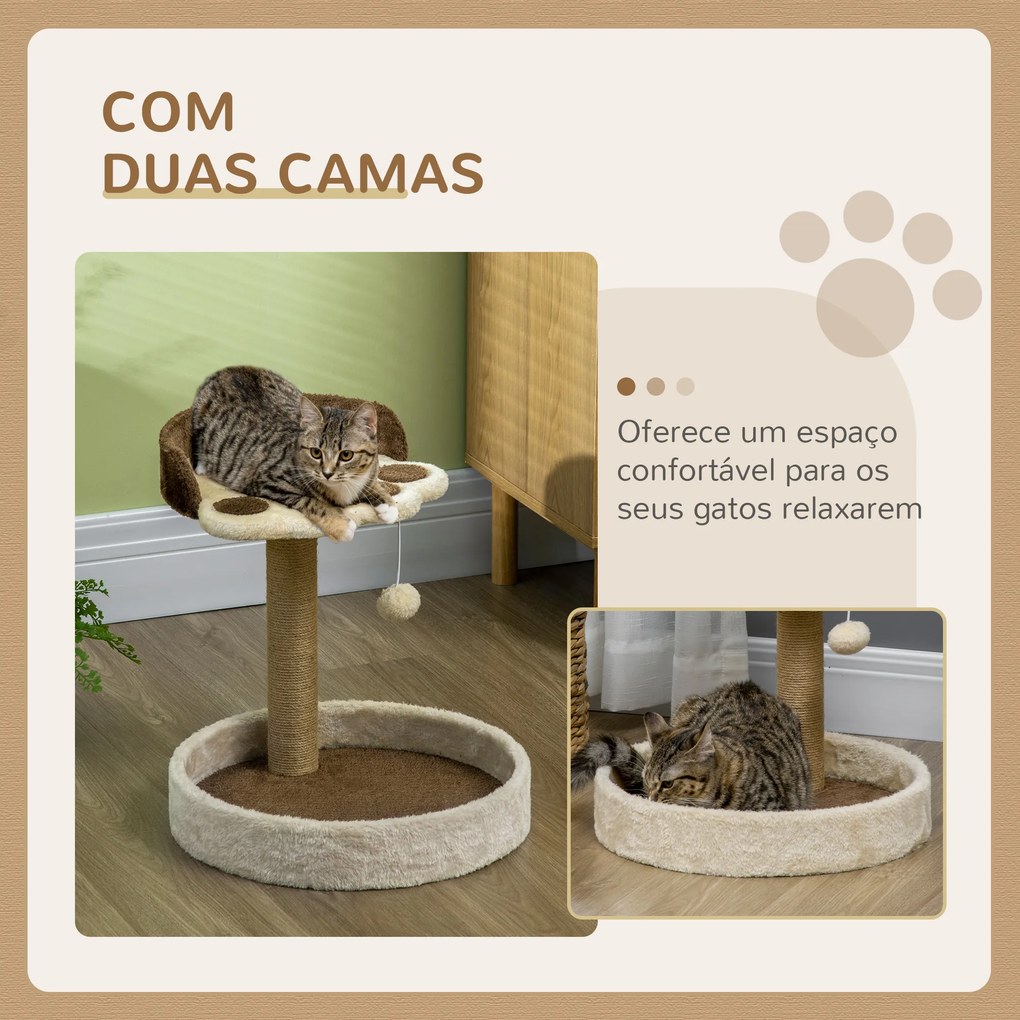 Arranhador para Gato com 2 Camas Poste de Juta Brinquedo Pendurado Ø41x44 cm Castanho