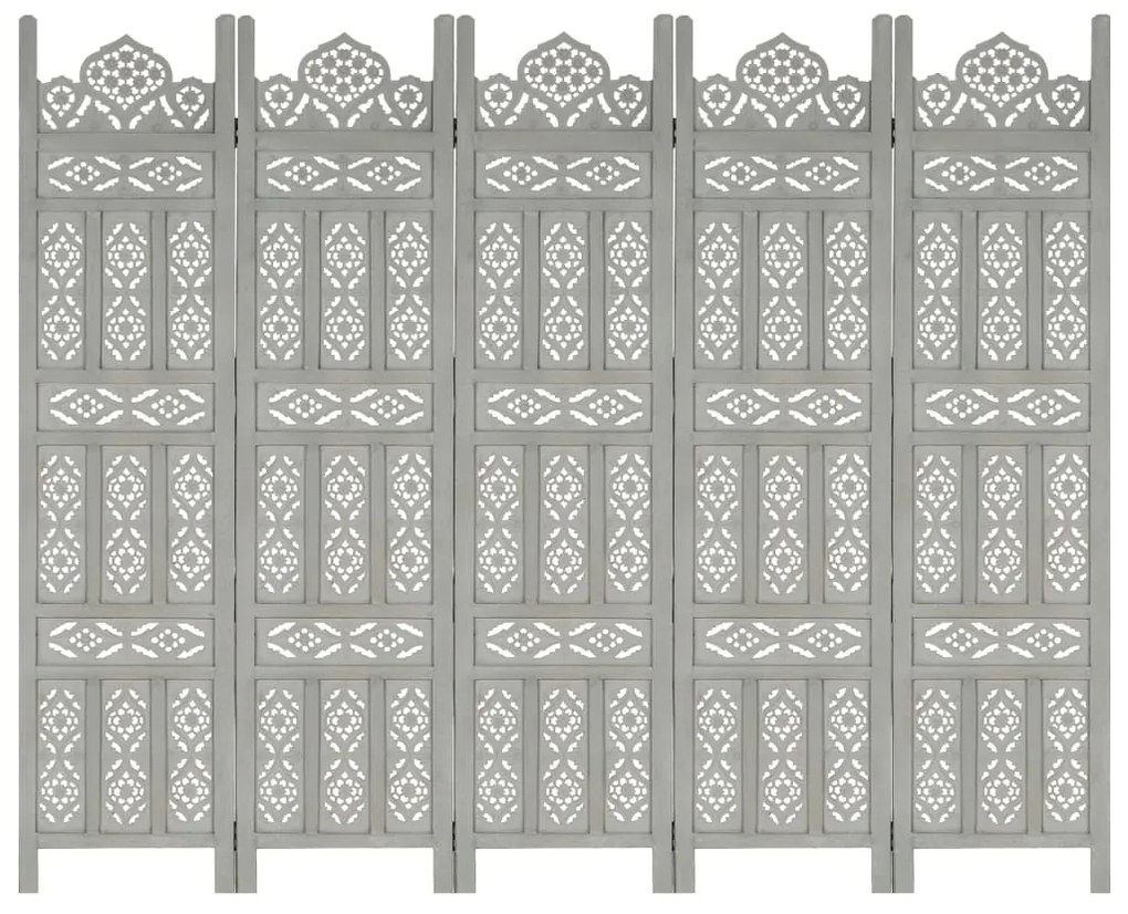 vidaXL Biombo esculp mão 5 painéis 200x165cm mangueira maciça cinzento