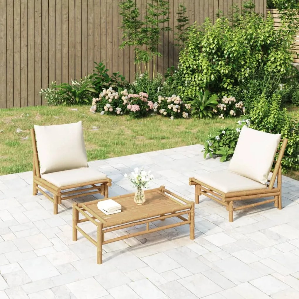 vidaXL 3 pcs conjunto lounge de jardim bambu c/ almofadões branco nata