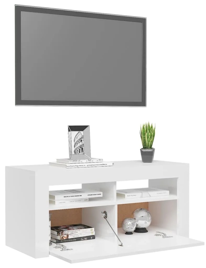 Móvel de TV com luzes LED 90x35x40 cm branco brilhante