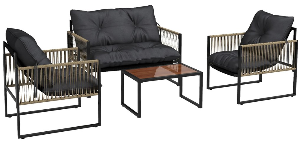 Outsunny Conjunto de Móveis de Jardim de Vime Sintético 4 Peças com 2 Poltronas 1 Sofá de 2 Lugares 1 Mesa de Centro Cinza Escuro