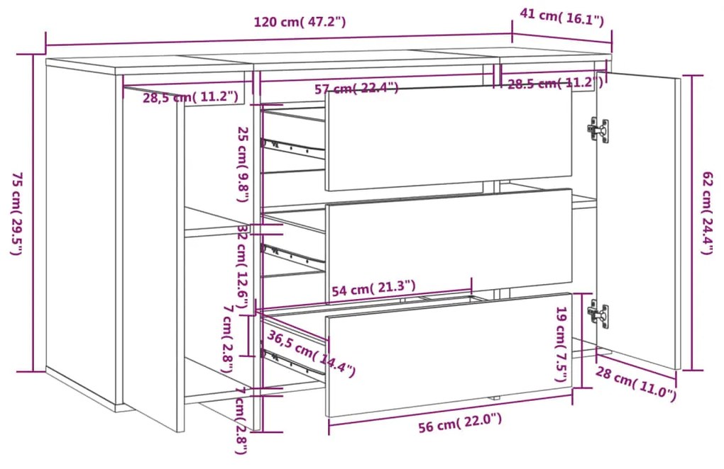 Aparador Endy com 3 Gavetas de 120 cm - Carvalho - Design Moderno