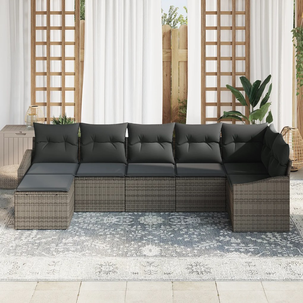 Conjunto de Jantar Jardim 7 Peças com Almofadas Cinza Poli Rattan