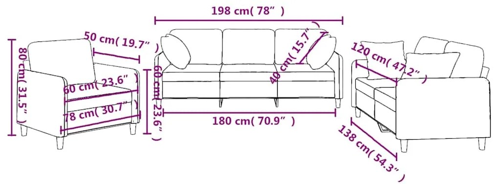 3 pcs conjunto de sofás com almofadas tecido cinza-acastanhado